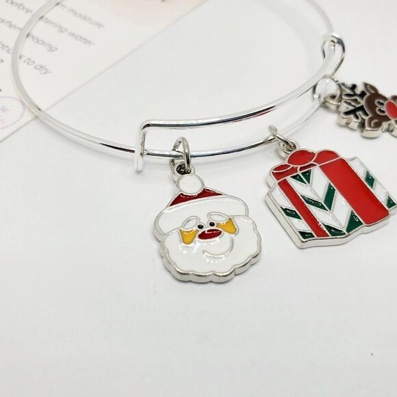 Christmas Santa, Present, and Reindeer Charm Bracelet, Silver Adjustable Jewelry - Picture 4 of 12